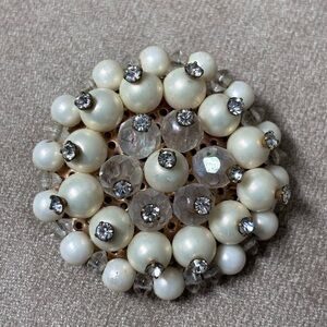 Large Vintage Faux Pearl & Crystal Brooch Pin, Mid-Century Rhinestone Brooch